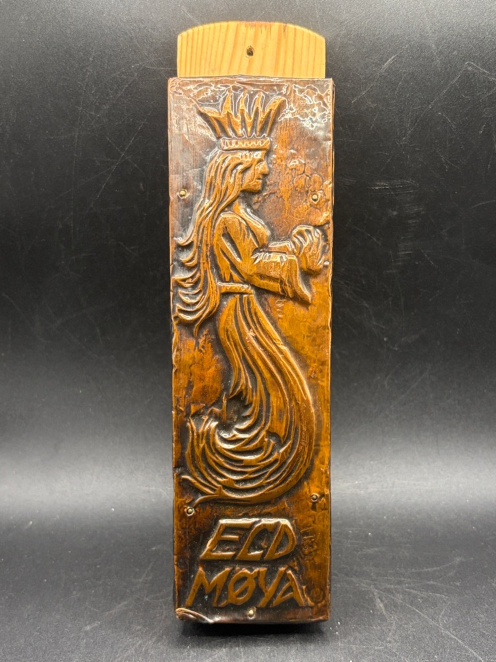 Vintage Scandinavian Embossed Copper Wood Woman Figure Wall Match Holder Vessel